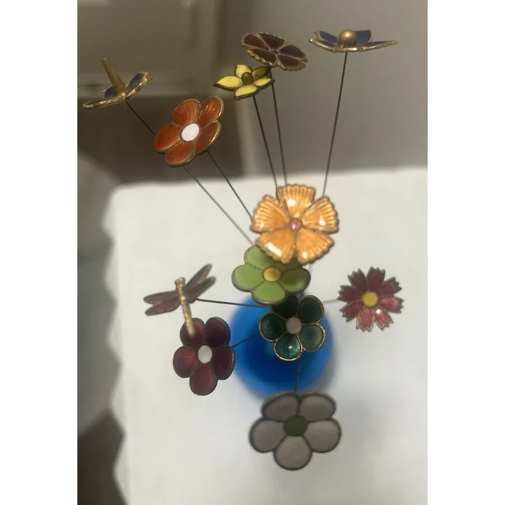 VTG Enamel Brass Flower Bouquet 12pc 8” Stems & Blue Glass Bud Vase 3” MCM